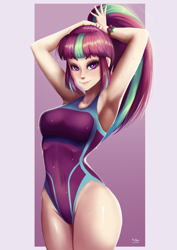 Size: 706x1000 | Tagged: safe, artist:the-park, sour sweet, human, equestria girls, g4, armpits, clothes, female, human coloration, one-piece swimsuit, ponytail, simple background, solo, swimsuit