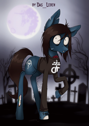 Size: 2387x3378 | Tagged: safe, artist:das_leben, earth pony, pony, undead, zombie, zombie pony, bags under eyes, bloodshot eyes, bone, bring me the horizon, clothes, commission, drop dead clothing, fangs, graveyard, high res, lanky, lip piercing, long sleeves, looking at you, male, moon, oliver sykes, piercing, pinpoint eyes, ponified, raised hoof, scar, shirt, skinny, solo, stallion, stitches, tattoo, thin, torn ear, ych result