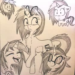 Size: 2048x2036 | Tagged: safe, artist:shinycyan, dj pon-3, vinyl scratch, pony, unicorn, g4, bleh, doodle, female, glasses, high res, mare, monochrome, solo, surprised, tongue out, traditional art, wub, yay, yeah