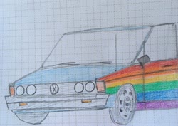 Size: 2172x1536 | Tagged: safe, rainbow dash, g4, barely pony related, car, graph paper, pun, rainbow, traditional art, visual pun, volkswagen, wat
