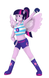 Size: 832x1328 | Tagged: safe, artist:gouielouie123, sci-twi, twilight sparkle, equestria girls, g4, armpits, boots, boxing boots, boxing shorts, boxing trunks, clothes, exeron fighters, exeron gloves, exeron outfit, female, ponied up, shoes, shorts, simple background, socks, solo, sports bra, sports shorts, tomboy, transparent background, wings