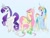 Size: 1032x774 | Tagged: safe, artist:bunniiibabe, fluttershy, rainbow dash, rarity, alicorn, pony, g4, alicornified, alternate hairstyle, blue background, crown, curved horn, female, floral head wreath, flower, fluttercorn, hoof shoes, horn, jewelry, mare, necklace, race swap, rainbowcorn, raricorn, regalia, simple background, trio