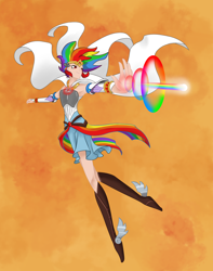Size: 3000x3800 | Tagged: safe, artist:joan-grace, rainbow dash, human, g4, abstract background, armpits, clothes, element of loyalty, female, flying, glowing hands, high res, humanized, jewelry, magical girl, necklace, skirt, solo, tiara