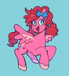 Size: 1321x1458 | Tagged: safe, artist:julljem, pinkie pie, pegasus, pony, g4, female, flying, g5 concept leak style, g5 concept leaks, happy, hooves, mare, pegasus pinkie pie, pinkie pie (g5 concept leak), race swap, redesign, simple background, smiling, solo, spread wings, wings