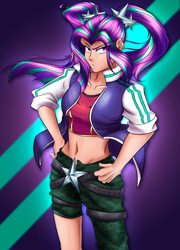 Size: 1442x2000 | Tagged: safe, artist:mandy1412, aria blaze, human, equestria girls, g4, my little pony equestria girls: rainbow rocks, belly button, clothes, eye clipping through hair, female, hand on hip, human coloration, humanized, jacket, looking at you, solo, varsity jacket