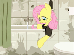 Size: 1000x748 | Tagged: safe, ai assisted, ai content, artist:aaronmk, fifteen.ai, fluttershy, g4, ai voice, aivo, avo, bathroom, bathtub, clothes, faucet, shirt, slavoj zizek, sound, the pony machine learning project, tile, toilet, toilet paper, water, webm