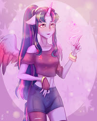 Size: 2000x2500 | Tagged: safe, artist:zefirka, twilight sparkle, alicorn, anthro, g4, belly button, clothes, female, gloves, high res, human facial structure, magic, ponytail, solo, twilight sparkle (alicorn)