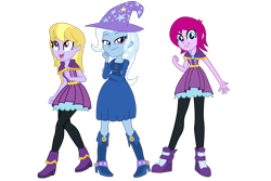 Size: 1592x1061 | Tagged: safe, artist:gmaplay, fuchsia blush, lavender lace, trixie, equestria girls, g4, clothes, female, hat, simple background, transparent background, trio, trio female, trixie and the illusions, trixie's hat, vector