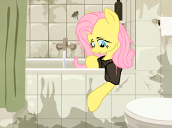 Size: 1750x1311 | Tagged: safe, artist:aaronmk, fluttershy, g4, bathroom, bathtub, clothes, faucet, shirt, toilet, toilet paper, vector, water