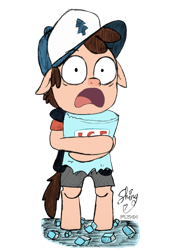 Size: 900x1200 | Tagged: safe, artist:flynnmlp, artist:shinycyan, pony, baseball cap, bipedal, cap, colored, dipper pines, gravity falls, hat, ice cubes, male, ponified, signature, simple background, solo, transparent background