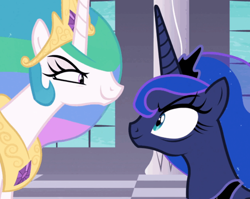 Size: 762x607 | Tagged: safe, edit, edited screencap, screencap, princess celestia, princess luna, a royal problem, g4, cropped, duo, inverted mouth, looking at each other, this will end in tears, this will not end well