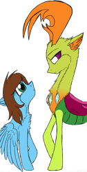 Size: 602x1199 | Tagged: safe, artist:flynnmlp, artist:shinycyan, thorax, oc, oc:shinycyan, changedling, changeling, pegasus, pony, g4, colored, duo, king thorax, pegasus oc, simple background, transparent background