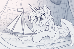 Size: 2100x1397 | Tagged: safe, artist:yakovlev-vad, princess celestia, alicorn, pony, g4, bath toy, bathroom, bathtub, black and white, boat, bubble, concave belly, eye clipping through hair, female, grayscale, monochrome, playing, slender, solo, thin, toy, wet mane