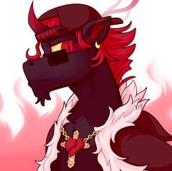 Size: 704x701 | Tagged: safe, artist:php93, oc, oc only, oc:badheart, pony, chains, cloak, clothes, ear piercing, earring, facial hair, fire, goatee, hat, jewelry, piercing, simple background, solo, texas, transparent background, umbrum oc