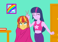 Size: 1020x732 | Tagged: safe, artist:jpgr, sunset shimmer, twilight sparkle, equestria girls, g4, alternate hairstyle, book, clothes, duo, eyes closed, female, rainbow, scissors, sitting, smiling