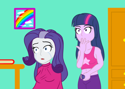 Size: 1020x732 | Tagged: safe, artist:jpgr, rarity, twilight sparkle, equestria girls, g4, :o, alternate hairstyle, book, clothes, crying, female, open mouth, rainbow, razor, sitting, surprised