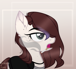 Size: 2160x1962 | Tagged: safe, artist:rerorir, oc, oc only, oc:cut crease, earth pony, pony, choker, cigarette, clothes, female, freckles, jacket, leather jacket, mare, open mouth, shirt, smoke, smoking, solo, t-shirt