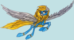 Size: 695x377 | Tagged: safe, artist:mysteriousshine, derpy hooves, pony, g4, clothes, female, flying, mare, solo, traditional art, uniform, wonderbolts, wonderbolts uniform
