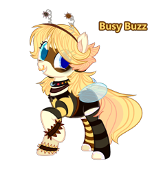 Size: 1408x1486 | Tagged: safe, artist:bublebee123, oc, oc only, oc:busy buzz (ice1517), bee pony, original species, pony, choker, clothes, collar, deely bobbers, female, grin, headband, mare, mask, mismatched socks, nose piercing, nose ring, piercing, raised hoof, shirt, shorts, simple background, smiling, socks, solo, stockings, striped socks, t-shirt, thigh highs, transparent background, wristband