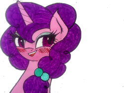 Size: 680x510 | Tagged: safe, artist:mysteriousshine, sugar belle, pony, unicorn, g4, blushing, bust, female, mare, simple background, smiling, solo, traditional art, transparent background