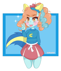 Size: 961x1115 | Tagged: safe, artist:redgemomg, oc, oc only, oc:swift-steps, icey-verse, equestria girls, g4, :p, blushing, cheerleader, cheerleader outfit, clothes, equestria girls-ified, eyeshadow, female, headband, magical lesbian spawn, makeup, miniskirt, offspring, parent:lighthoof, parent:shimmy shake, parents:shimmyhoof, peace sign, pleated skirt, simple background, skirt, solo, sweater, tongue out, transparent background, ych result