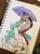 Size: 1280x1707 | Tagged: safe, artist:sunbutt-worshipper, discord, princess celestia, alicorn, draconequus, pony, g4, armpits, bedroom eyes, blushing, celestia day, female, long feather, looking sideways, male, mare, marker drawing, rain, ship:dislestia, shipping, straight, traditional art, umbrella, unshorn fetlocks