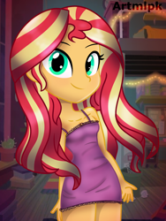 Size: 1536x2048 | Tagged: safe, artist:artmlpk, sunset shimmer, equestria girls, g4, adorable face, adorasexy, alternate hairstyle, bare shoulders, blushing, clothes, cute, female, looking at you, outfit, pajamas, sexy, shimmerbetes, sleepover, sleeveless, smiling, smiling at you, solo, thighs, topless