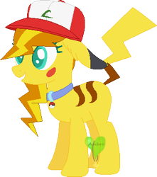 Size: 349x394 | Tagged: safe, artist:ambroiseaesthetic, oc, oc only, oc:pika sparks, earth pony, pikachu, pony, baseball cap, cap, collar, female, grin, hat, mare, pokémon, simple background, smiling, solo, transparent background