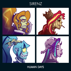 Size: 1425x1425 | Tagged: safe, artist:madness-with-reason, adagio dazzle, aria blaze, sonata dusk, sunset shimmer, equestria girls, g4, album cover, album parody, cigarette, gorillaz, smoking, sunset satan, the dazzlings