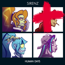 Size: 1425x1425 | Tagged: safe, artist:madness-with-reason, adagio dazzle, aria blaze, sonata dusk, sunset shimmer, equestria girls, g4, album cover, album parody, cig, gorillaz, smoking, sunset satan, the dazzlings