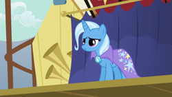 Size: 1920x1080 | Tagged: safe, screencap, trixie, pony, unicorn, boast busters, g4, cape, clothes, solo, stage, trixie's cape