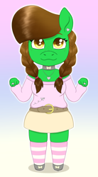 Size: 1336x2416 | Tagged: safe, artist:dyonys, oc, oc only, oc:lucky brush, earth pony, anthro, :3, accessory, belt, bow, braid, braided pigtails, chibi, choker, clothes, cute, ear piercing, earring, female, freckles, jewelry, looking at you, mare, miniskirt, necklace, piercing, pigtails, ring, shoes, skirt, socks, solo, striped socks, sweater, zettai ryouiki