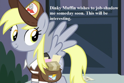Size: 972x648 | Tagged: safe, edit, edited screencap, editor:korora, screencap, derpy hooves, g4, the last crusade, cropped, cute, derpabetes, hat, implied dinky, mailbag, mailmare hat, speech