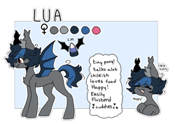 Size: 1406x1000 | Tagged: safe, artist:rymdsten, oc, oc only, oc:lua, bat pony, pony, cute, cutie mark, female, fluffy, happy, mare, reference sheet, simple background, solo, text, transparent background