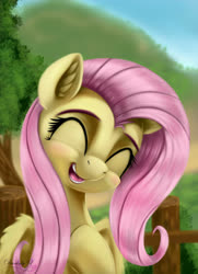 Size: 3250x4500 | Tagged: safe, artist:darksly, fluttershy, pegasus, pony, g4, commission, cute, digital art, eyes closed, female, mare, open mouth, shyabetes, smiling, solo