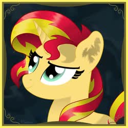 Size: 1080x1080 | Tagged: safe, artist:klonex1050art, sunset shimmer, pony, unicorn, g4, female, frame, smiling, solo