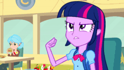 Size: 800x450 | Tagged: safe, screencap, fluttershy, twilight sparkle, alicorn, equestria girls, g4, my little pony equestria girls, animated, apple, aweeg*, cute, eating, female, food, fruit salad, humans doing horse things, majestic as fuck, mouth hold, puffy cheeks, salad, twiabetes, twilight sparkle (alicorn)