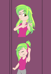 Size: 1020x1464 | Tagged: safe, artist:jpgr, lemon zest, human, equestria girls, g4, abstract background, alternate hairstyle, clothes, eyes closed, female, headphones, one eye closed, scissors, wink