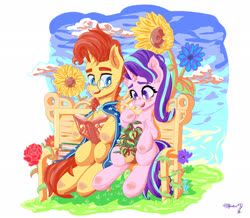 Size: 2500x2181 | Tagged: safe, artist:velcius, phyllis, starlight glimmer, sunburst, pony, unicorn, g4, bench, book, cloud, ear fluff, female, flower, high res, leg fluff, male, mare, open mouth, potted plant, sitting, sky, stallion, sunflower