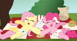 Size: 2400x1296 | Tagged: safe, artist:sweetielover, angel bunny, fluttershy, pinkie pie, g4, burger, countryside, diaper, diaper fetish, fetish, food, hay burger, laughing, non-baby in diaper, paper bag, picnic blanket, tree