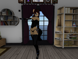 Size: 1024x768 | Tagged: safe, artist:feyro, oc, oc only, oc:latch, earth pony, anthro, unguligrade anthro, 3d, bookshelf, clothes, collar, earth pony oc, evening gloves, female, glasses, gloves, latex, latex boots, latex gloves, long gloves, second life, smiling, solo, window