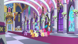 Size: 1920x1080 | Tagged: safe, screencap, applejack, discord, fluttershy, pinkie pie, rainbow dash, rarity, spike, twilight sparkle, alicorn, dragon, pony, g4, the summer sun setback, mane seven, mane six, twilight sparkle (alicorn), winged spike, wings