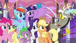 Size: 1920x1080 | Tagged: safe, screencap, applejack, discord, fluttershy, pinkie pie, rainbow dash, rarity, spike, twilight sparkle, alicorn, draconequus, dragon, earth pony, pegasus, pony, unicorn, g4, the summer sun setback, applejack's hat, baby dragon, canterlot castle, canterlot castle interior, cowboy hat, discord is not amused, female, flying, folded wings, freckles, frown, hat, hoof around neck, male, mane seven, mane six, mare, multicolored mane, pointing, pointing at self, raised eyebrow, raised hoof, smiling, snaggletooth, stetson, talons, tied tail, twilight sparkle (alicorn), unamused, winged spike, wings