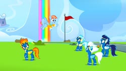 Size: 1280x720 | Tagged: safe, screencap, fleetfoot, misty fly, soarin', spitfire, windy whistles, pegasus, pony, g4, parental glideance, flag, rainbow waterfall