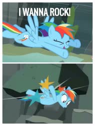 Size: 2522x3326 | Tagged: safe, edit, edited screencap, screencap, rainbow dash, g4, may the best pet win, be careful what you wish for, high res, ouch, pun, rock, song reference, twisted sister