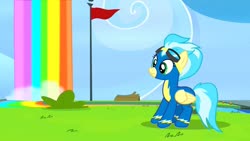 Size: 1280x720 | Tagged: safe, screencap, misty fly, pegasus, pony, g4, parental glideance, clothes, female, flag, folded wings, goggles, mare, rainbow waterfall, solo, uniform, wings, wonderbolts, wonderbolts uniform
