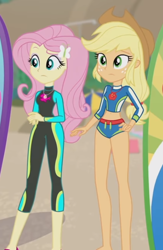 Size: 454x697 | Tagged: safe, applejack, fluttershy, blue crushed, equestria girls, g4, my little pony equestria girls: better together, belly button, clothes, legs, swimsuit, wetsuit