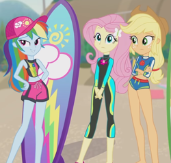 Size: 719x686 | Tagged: safe, applejack, fluttershy, rainbow dash, blue crushed, equestria girls, equestria girls series, g4, belly button, clothes, hips, legs, surfboard, swimsuit, wetsuit