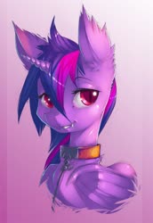 Size: 881x1280 | Tagged: safe, alternate version, artist:xennos, oc, oc only, oc:violet rose ze vampony, alicorn, bat pony, bat pony alicorn, pony, bat pony oc, bat wings, bust, collar, fangs, female, femsub, gradient background, horn, leash, looking at you, mare, not twilight sparkle, pet play, smiling, solo, submissive, wings