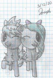 Size: 1000x1450 | Tagged: safe, artist:solder point, cloudchaser, flitter, pegasus, pony, g4, cheek fluff, chest fluff, cute, duo, ear fluff, female, graph paper, looking at you, one eye closed, siblings, signature, sisters, smiling, traditional art